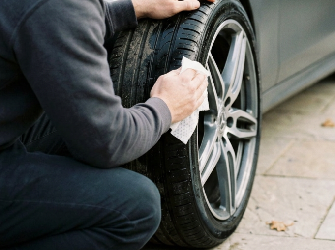 man cleaning car tires with tire wipes