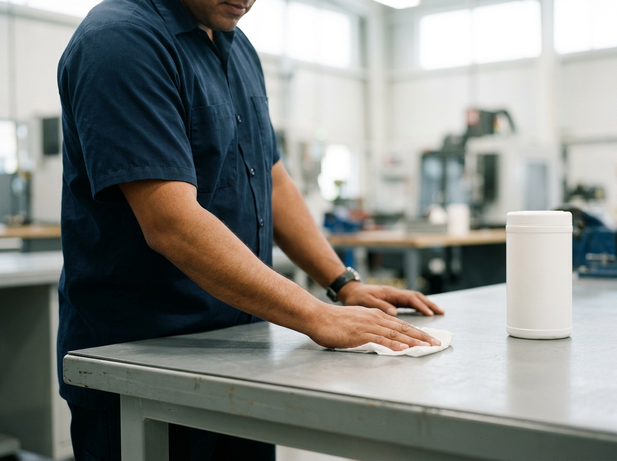 man wiping down a work bench in a factory