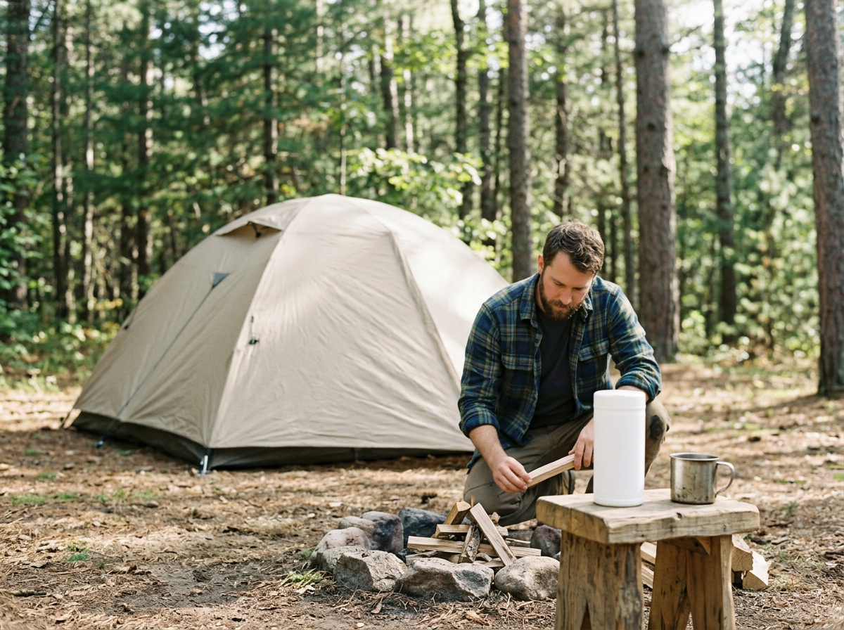 man making a fire with a can of field wet wipes next to him.
