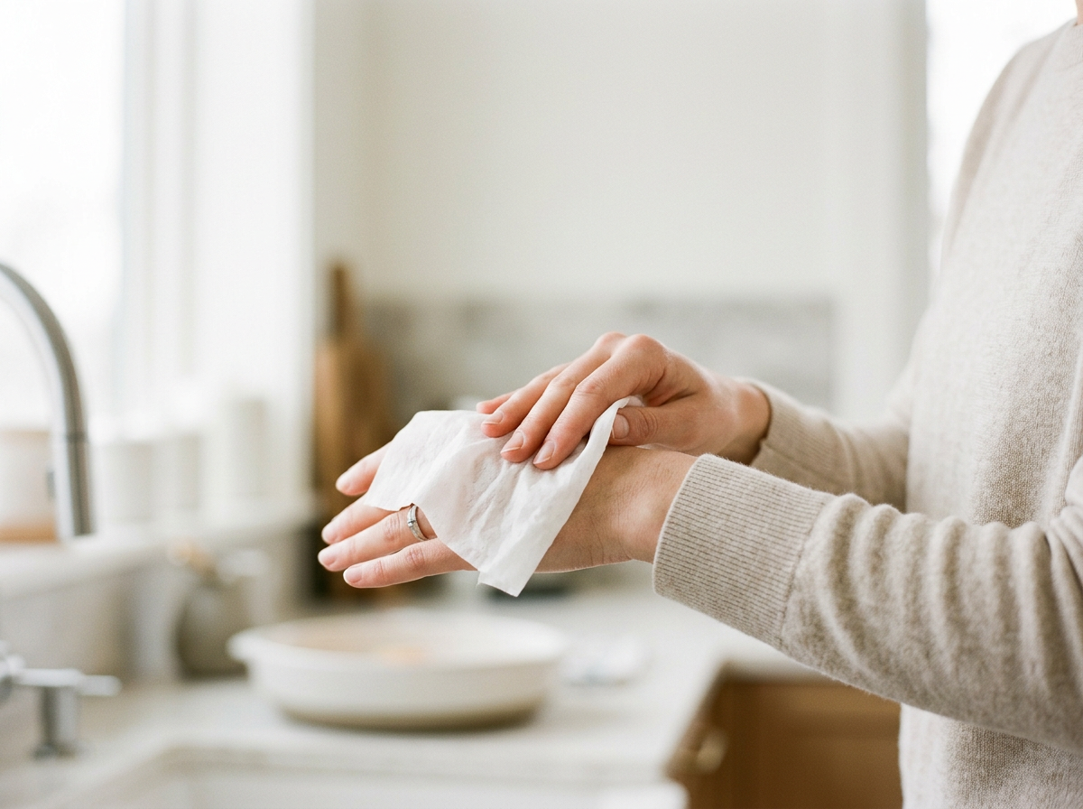 woman cleaning hands with antibacterial wipe
