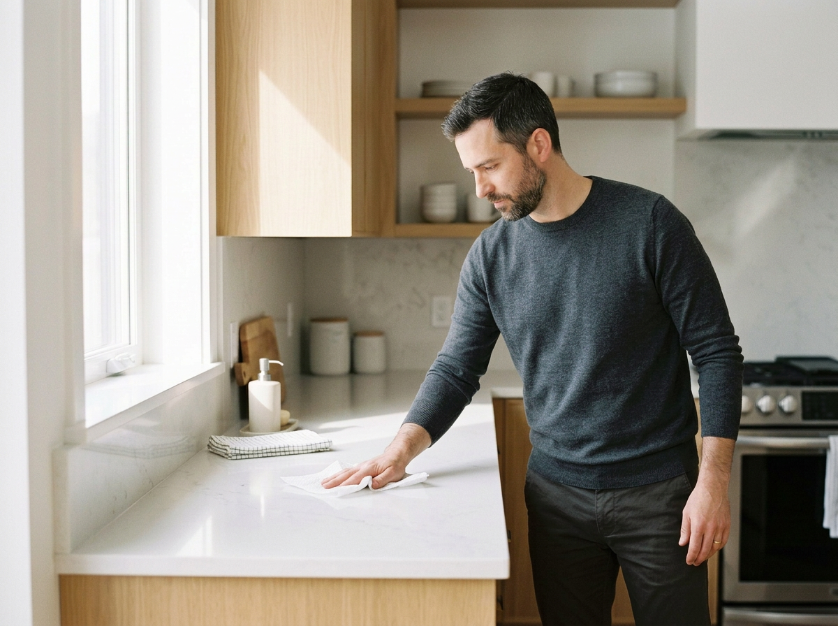 man cleaning kitchen counter top with wipe