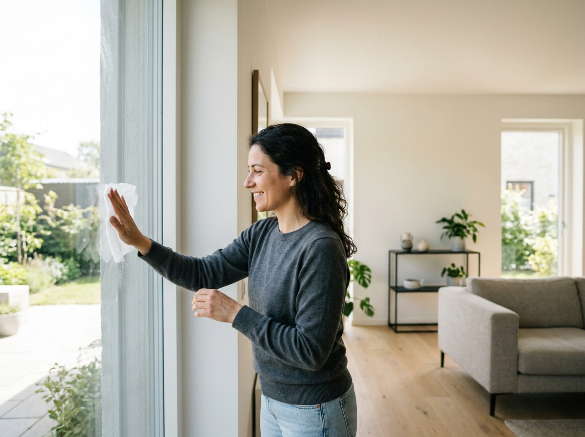 woman cleaning house window with wipe