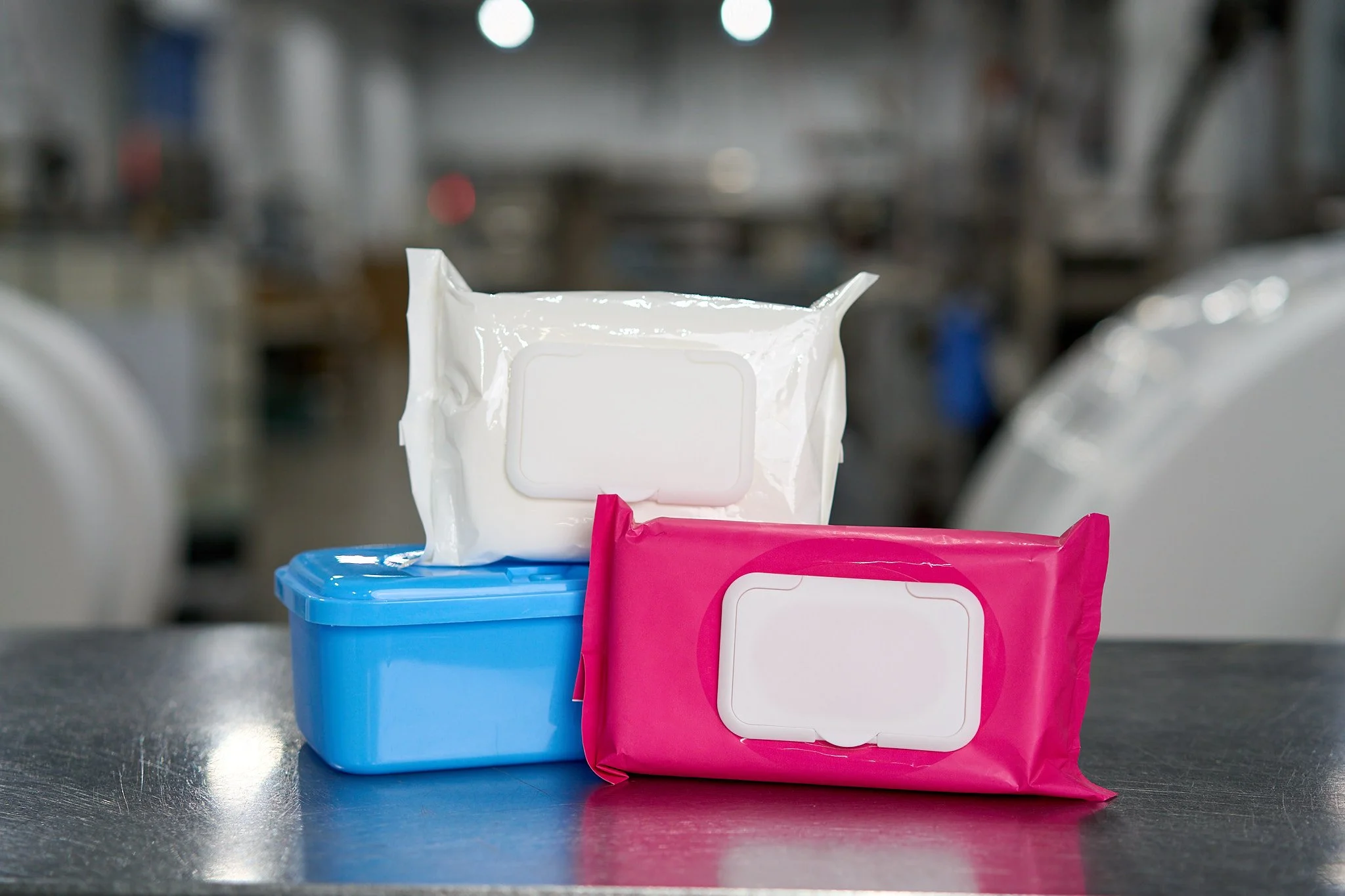 Three wet wipe packaging formats: two flexible wipe packs with plastic lids and a plastic wipe tub
