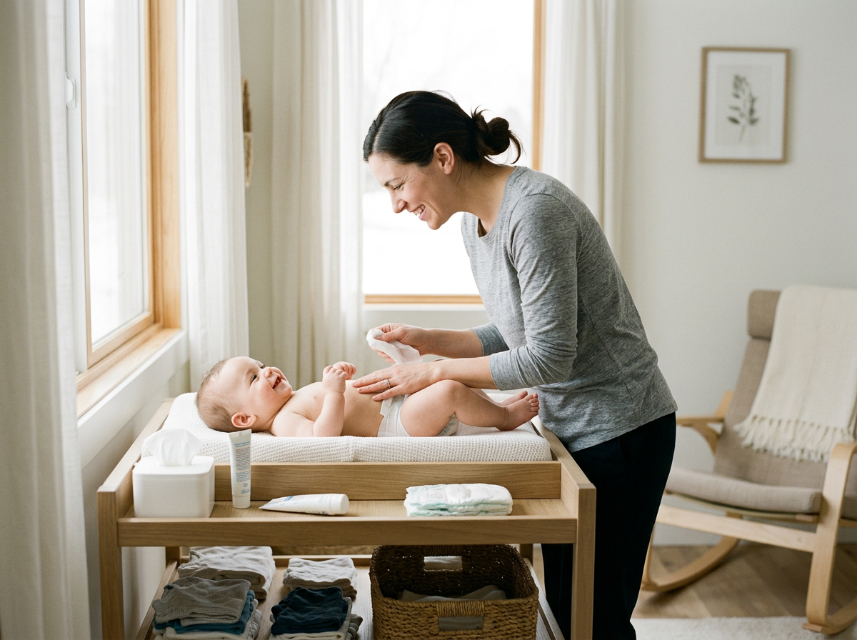Woman changing baby diaper at changing table.