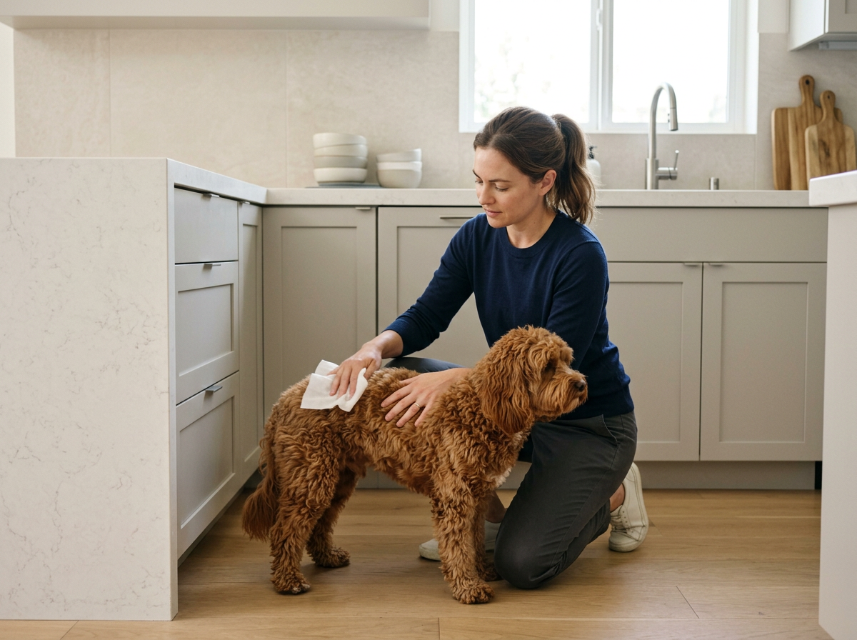 woman cleaning dog in the kitchen with a grooming wipe