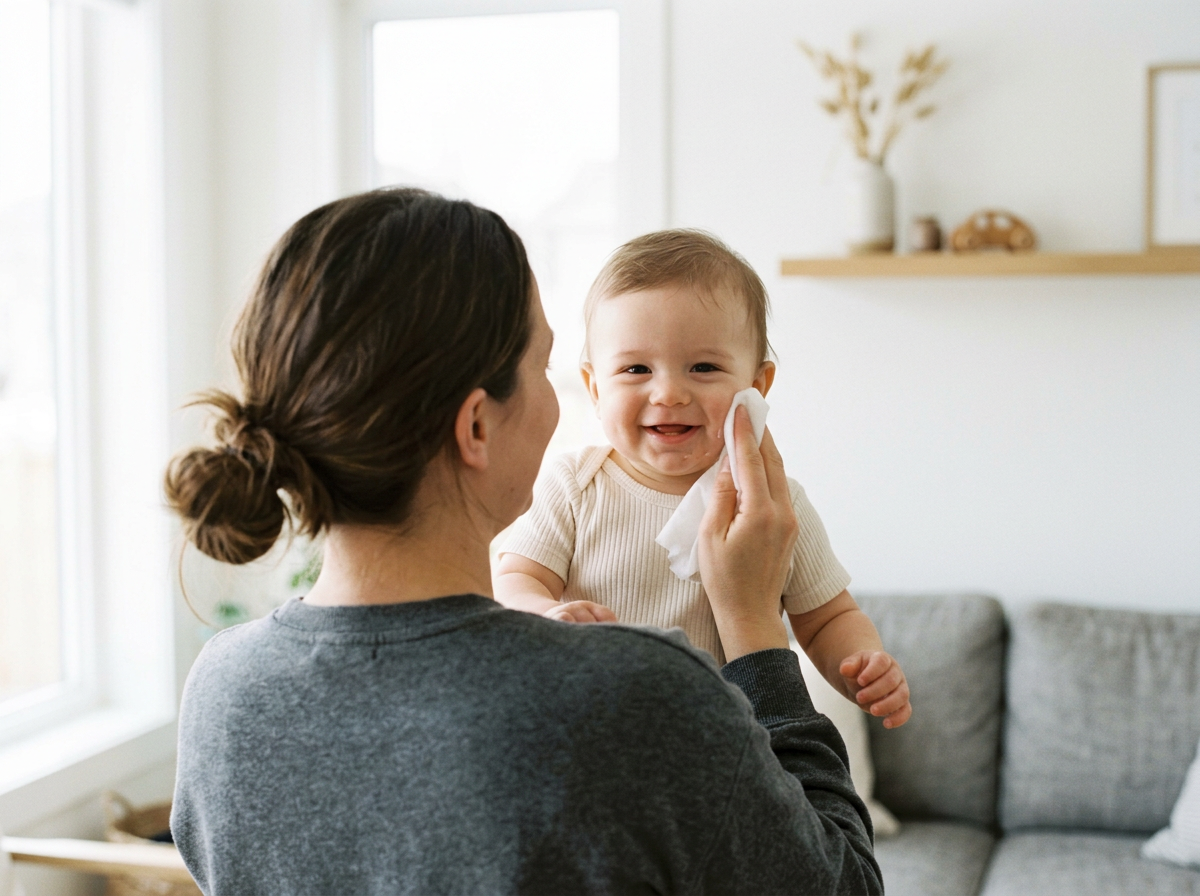 mom wiping baby's face with wet wipe