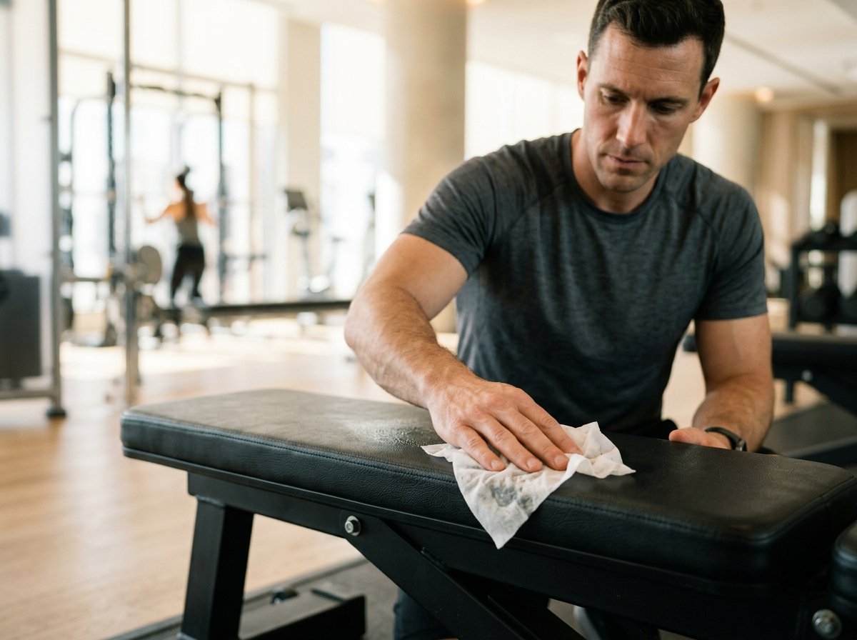 man cleaning a workout bench with a disposable wet wipe.
