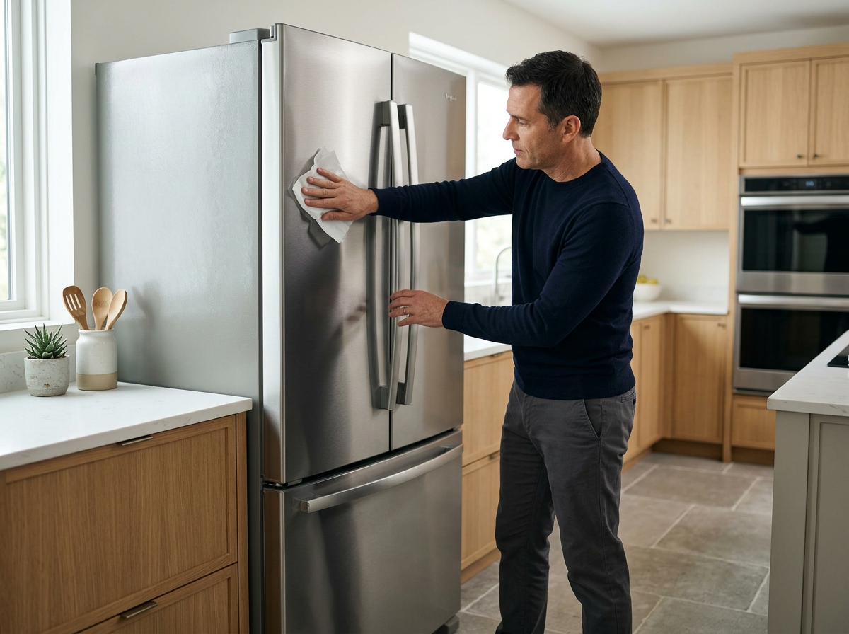 man cleaning stainless steel fridge