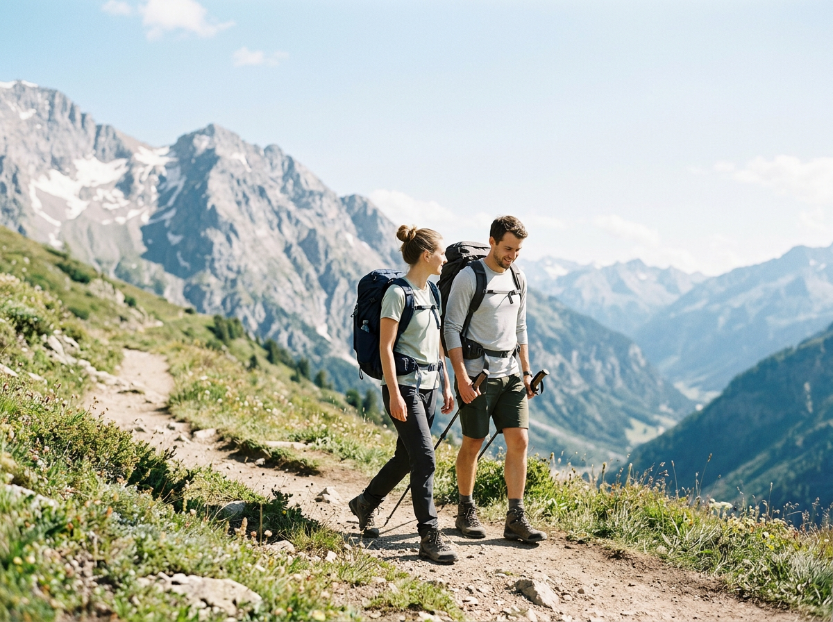 man and woman hiking in the mountains