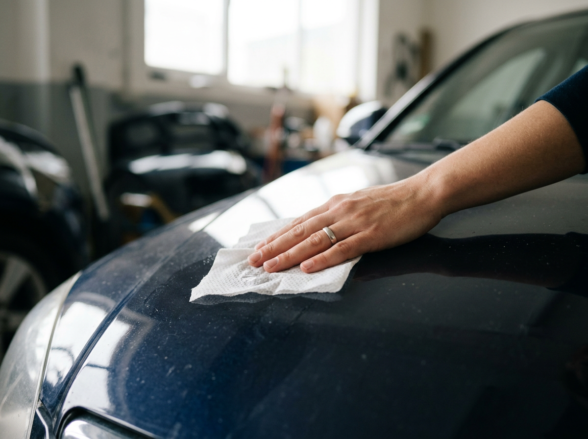 man cleaning car paint with disposable wet wipe