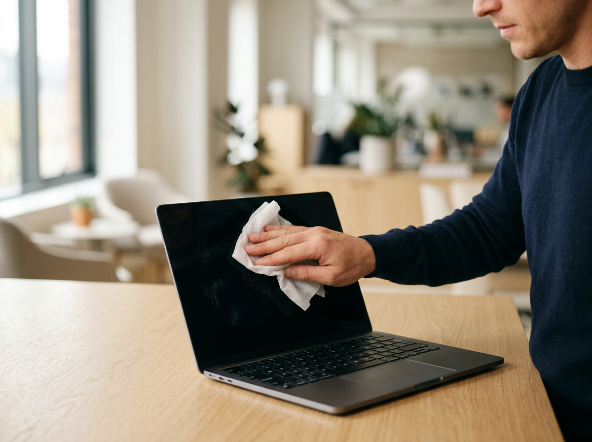 man cleaning his laptop screen with a disposable wet wipe