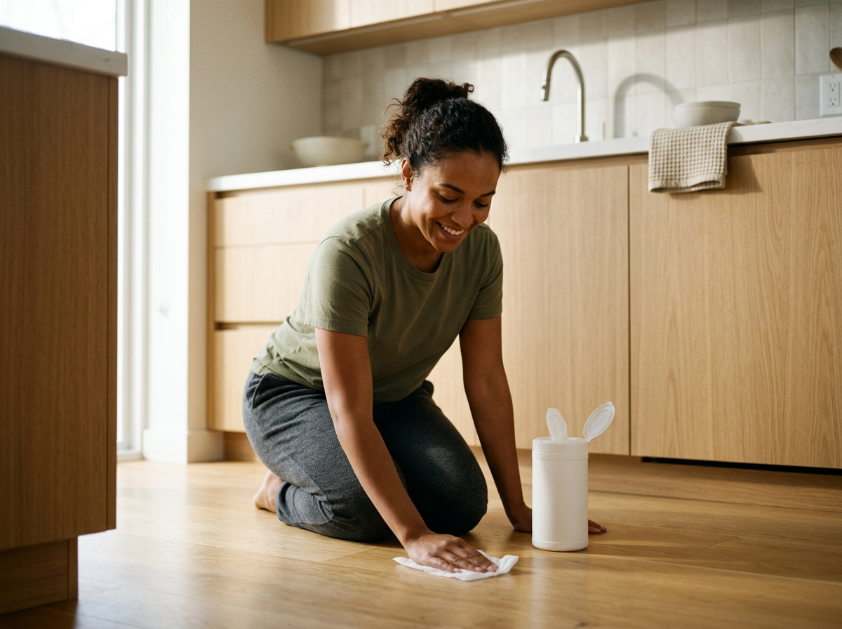 woman cleaning kitchen floor with wipes