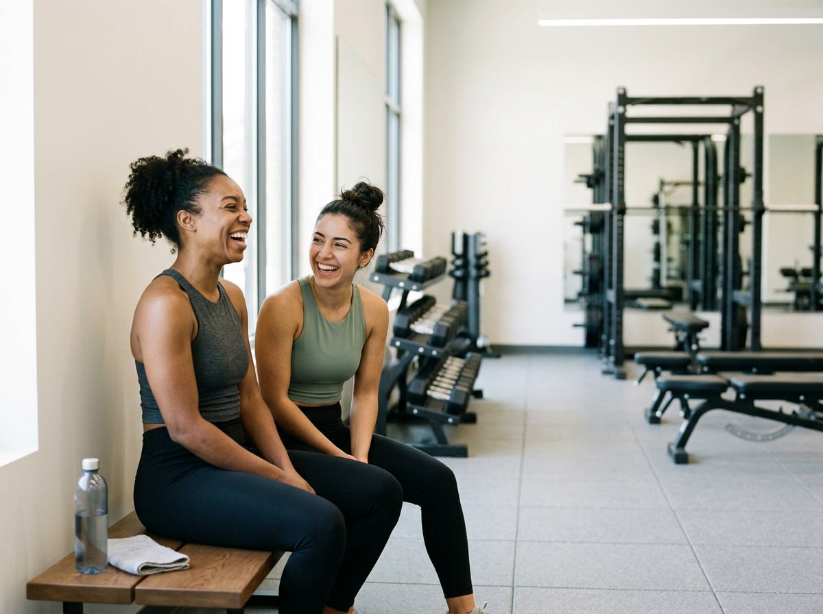 Two women in the gym laughing.