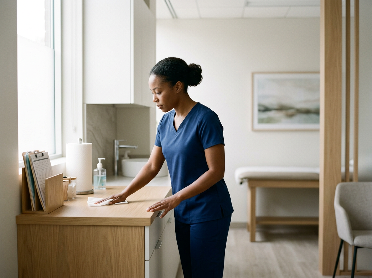 woman cleaning counter with alcohol wipe in a doctors office