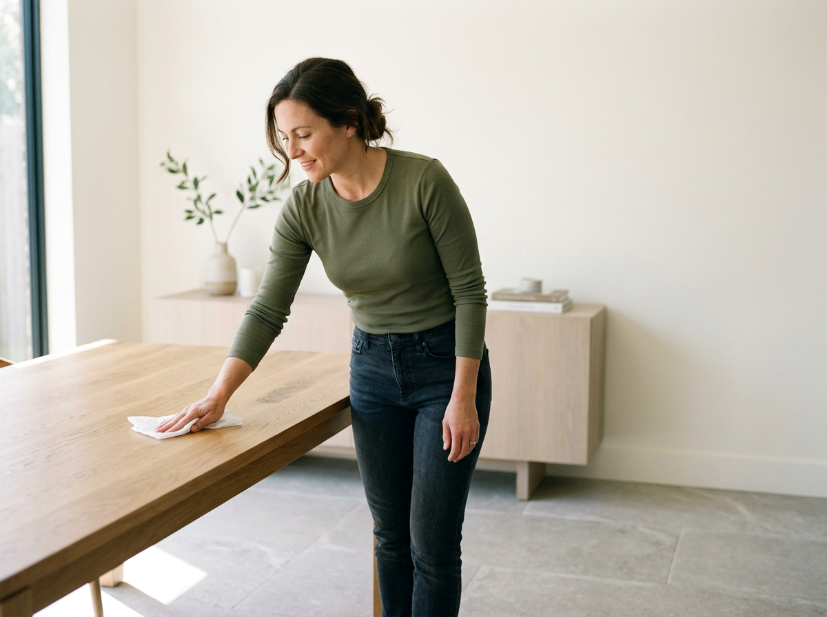 woman cleaning a wood table with a dusting wipe