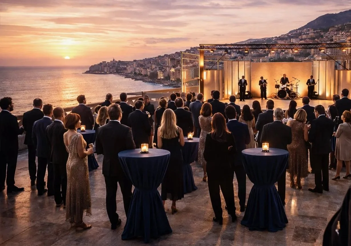 Destination outdoor event. Group of attendees in formal attire at an outdoor gala concert at sunset overlooking the coast, with a band performing on stage.