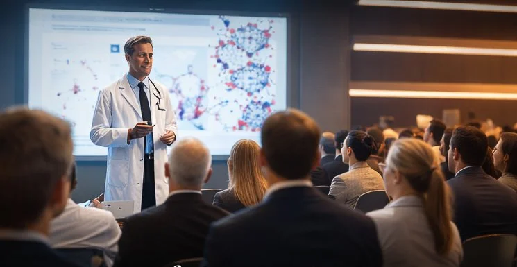 Doctor/HCP giving a presentation to a conference or seminar with a large screen displaying a scientific or medical diagram. HCP meetings and compliance. 