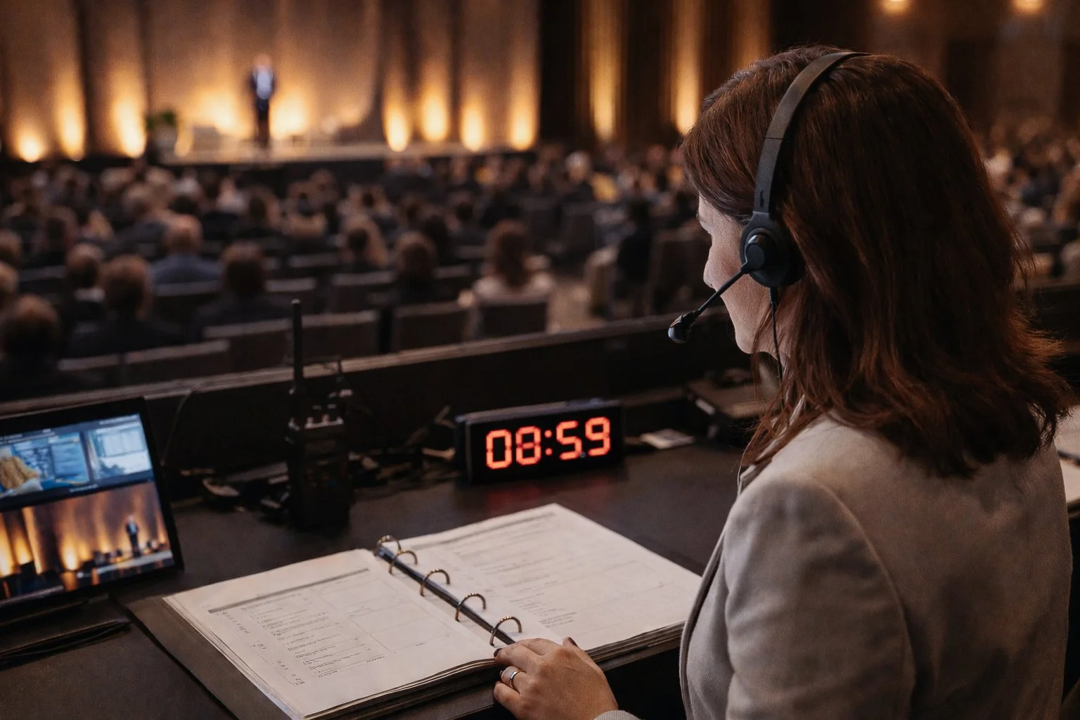 stage management and show calling in a large conference hall or auditorium with many attendees seated and a stage in the background.