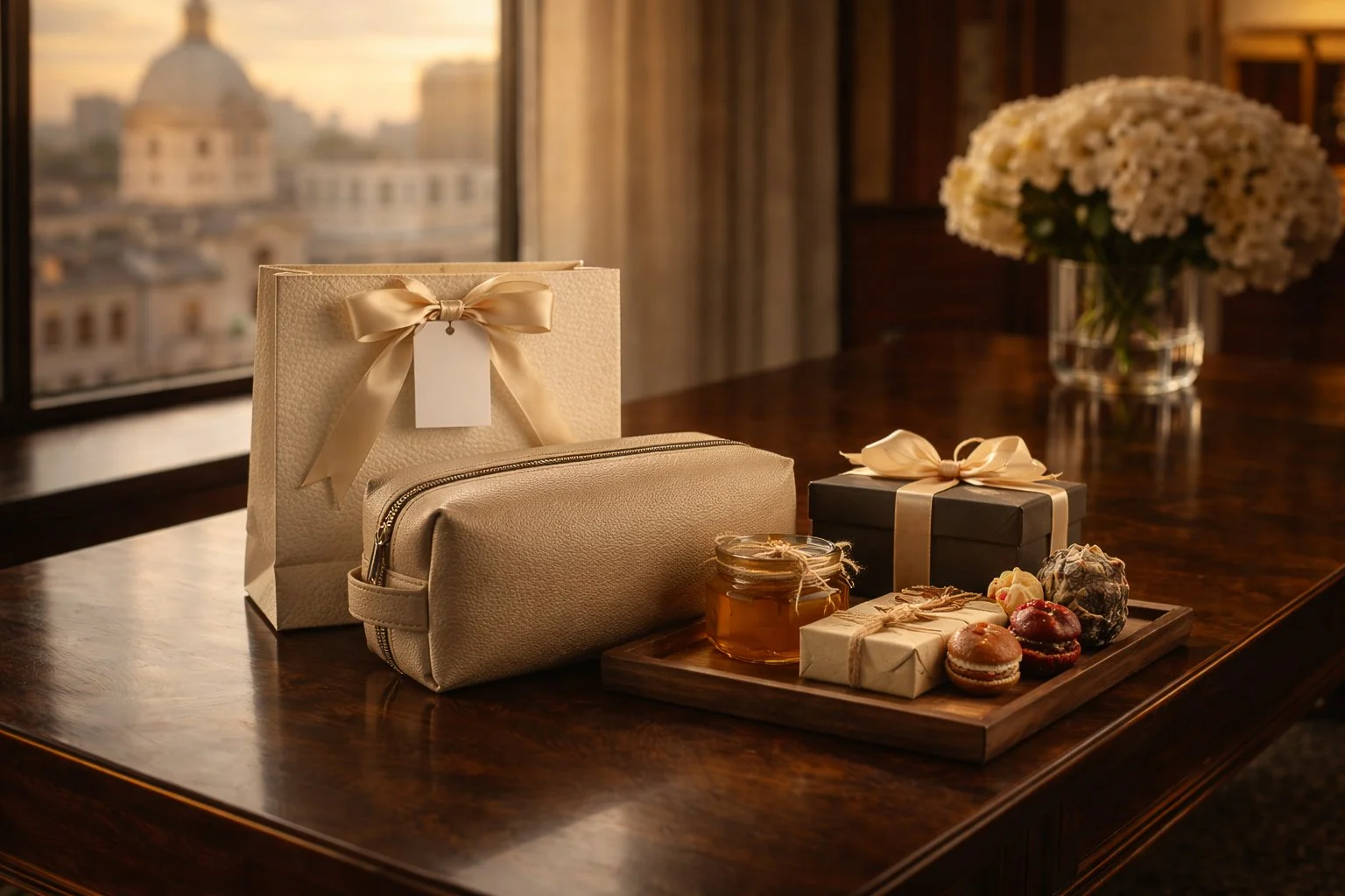 Gift bags, boxes, jars of honey, and macarons on a wooden table near a window with city views and a flower arrangement. Corporate and Incentive gifting. 
