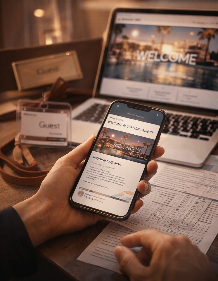 Smartphone displaying an event app with an agenda, displaying the 'Welcome Reception' and program agenda visible. In the background, laptop with welcome webpage, a badge on a table, and other program documents. Registration, Event Communications