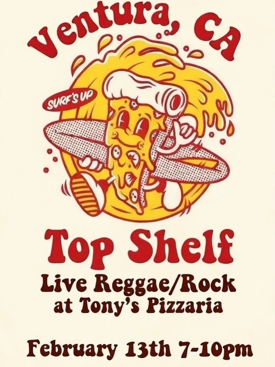 Top Shelf live next Friday at Tony&rsquo;s Pizzaria Ventura - 7 to 10 pm. Reggae, rock, pizza, drinks. Come hang out! 🍕🎤 #ReggaeAndRock #Ventura @tonys_pizzaria