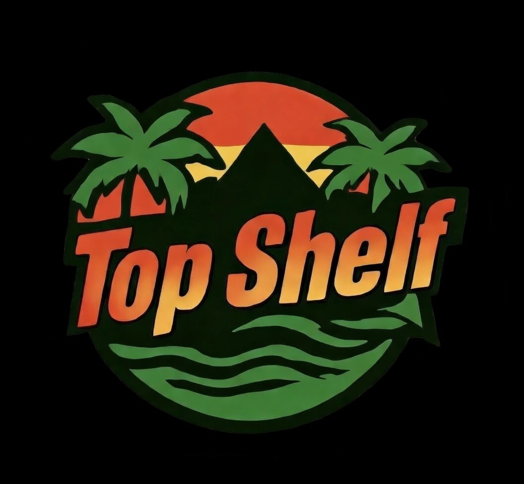 Colorful logo with a sunset, palm trees, a mountain, and water, with the text 'Top Shelf' in bold orange and yellow gradient lettering.