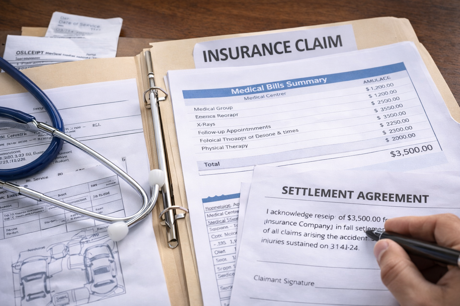 Insurance claim and medical documents close-up