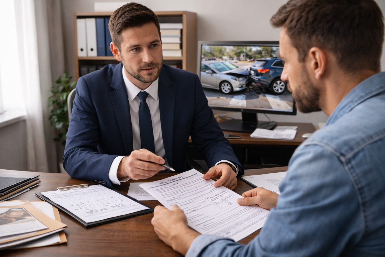 Attorney and client review accident documents