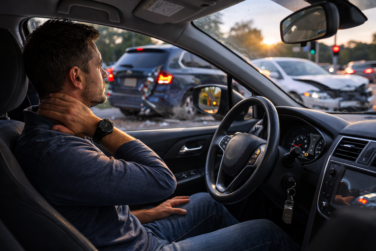 Emergency responders assisting at a crash scene while drivers stand nearby speaking calmly.  Purpose: Reinforces that safety and care come before vehicle damage or paperwork.