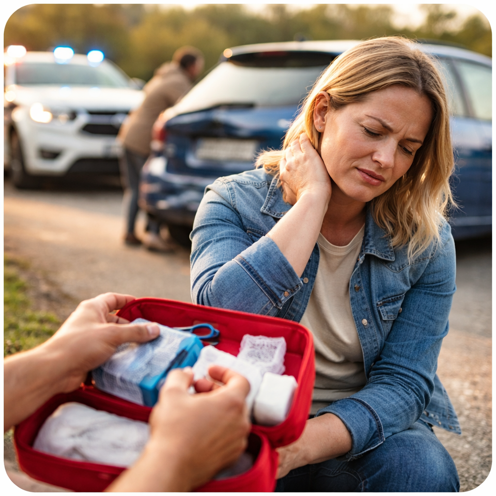 Car accident victim receiving first aid