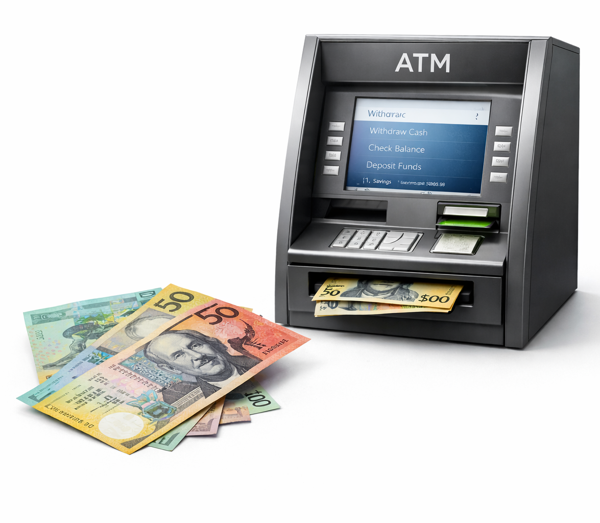 A gray ATM machine with cash dispensed and colorful paper money in front of it.