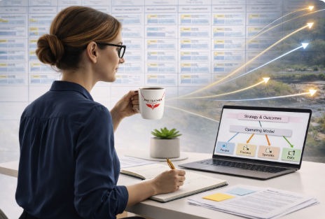 A woman sitting at a desk, holding a coffee mug and writing in a notebook, with a laptop showing strategy and outcomes, and a background of charts with rising arrow graphs.