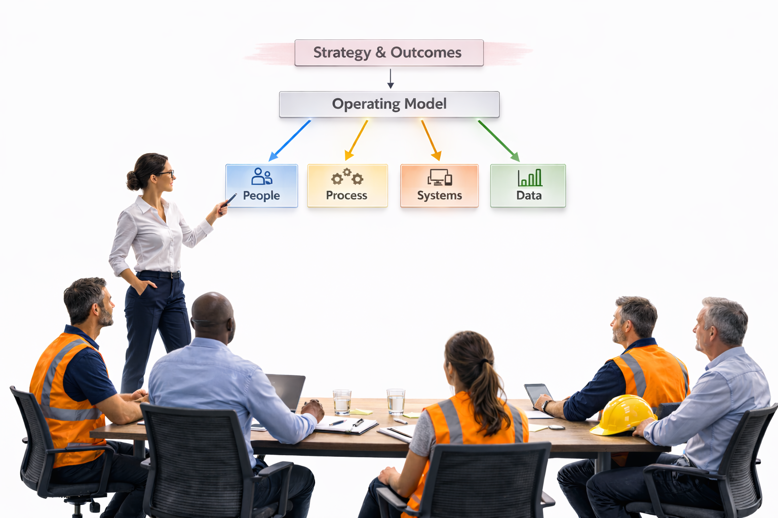 A woman presents a diagram on a whiteboard titled 'Strategy & Outcomes' to a group of five people in safety vests and business attire seated at a conference table.