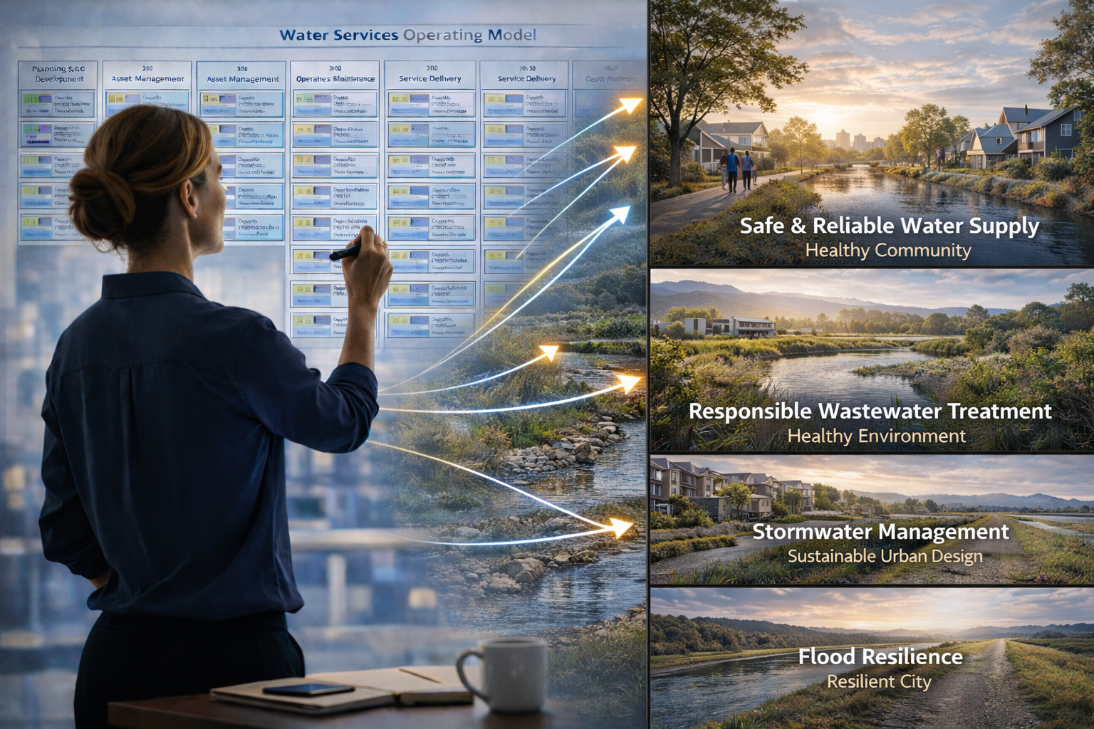 A woman in a blue shirt writing on a large digital board with a water services operating model. To the right, images depict the themes of safe water supply, responsible wastewater treatment, stormwater management, and flood resilience, with captions about healthy communities, environments, sustainable urban design, and resilient cities.