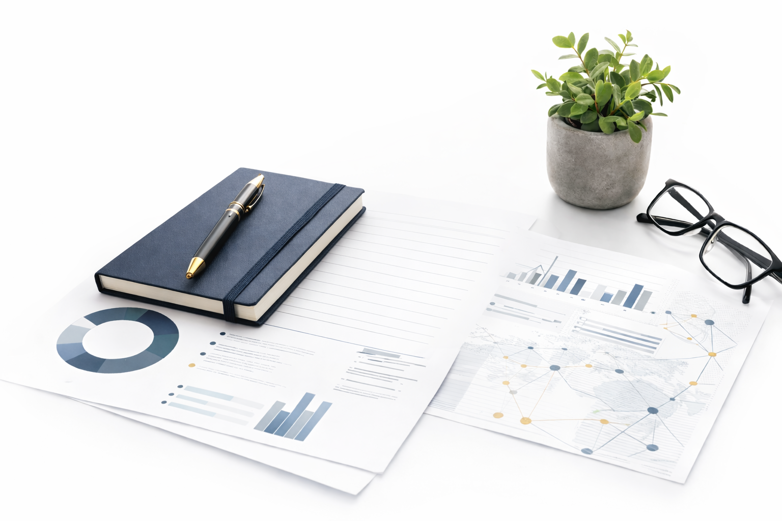 Desk with charts, a closed notebook with a pen on top, a pair of glasses, a potted plant, and some documents on a white surface.