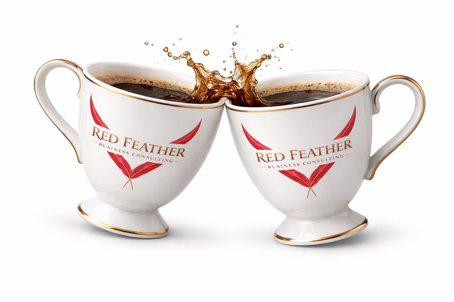 Two white teacups with gold rims and handles, labeled "Red Feather Business Consulting," are clinking as dark coffee splashes between them against a white background.