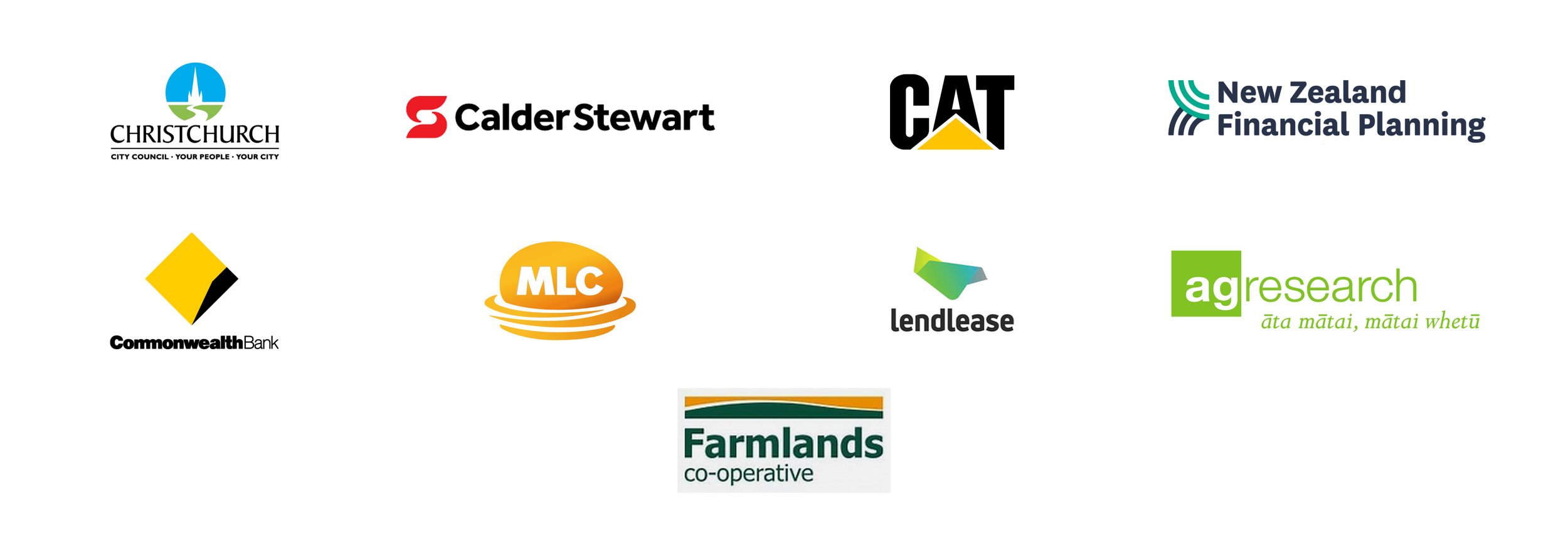 A collection of logos from various organizations, including Christchurch City Council, Calder Stewart, Caterpillar, New Zealand Financial Planning, Commonwealth Bank, MLC, Tendlease, AgResearch, Farmlands Co-operative, and others.