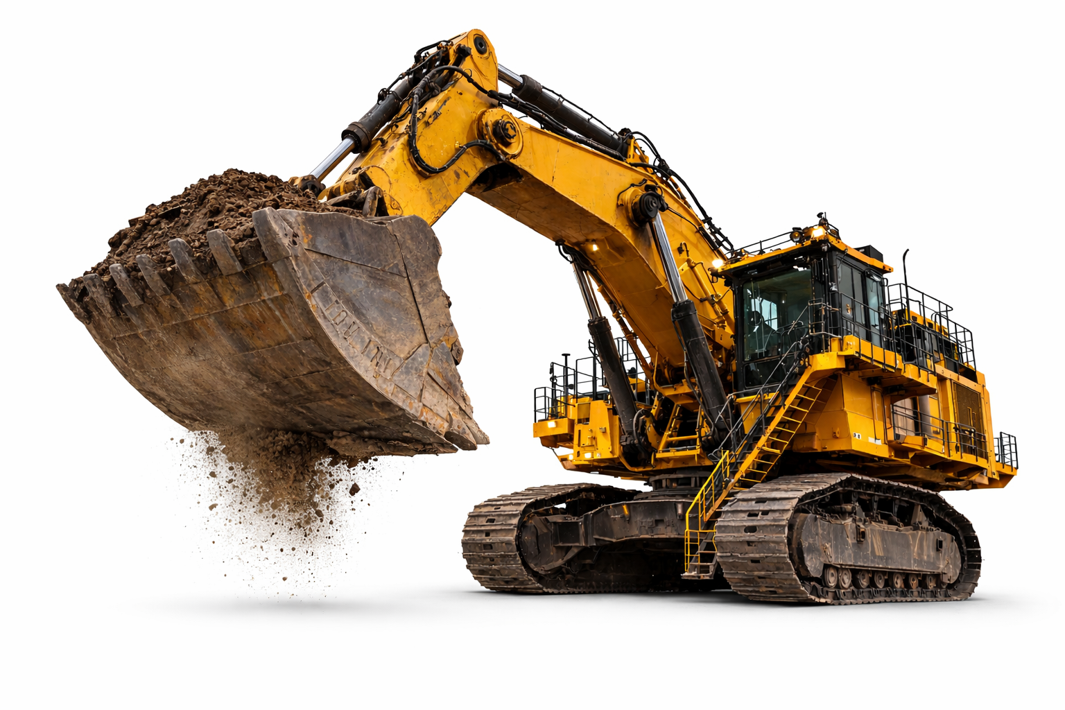 A large yellow excavator lifting dirt with its bucket against a white background.