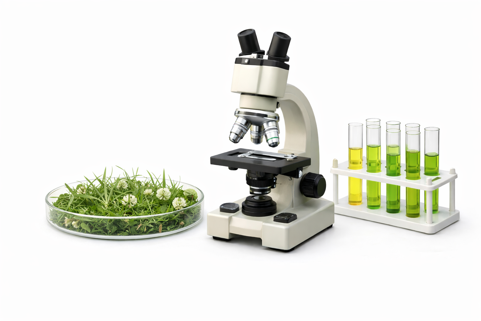 Microscope with test tubes containing green and yellow liquids next to a petri dish filled with green plants.
