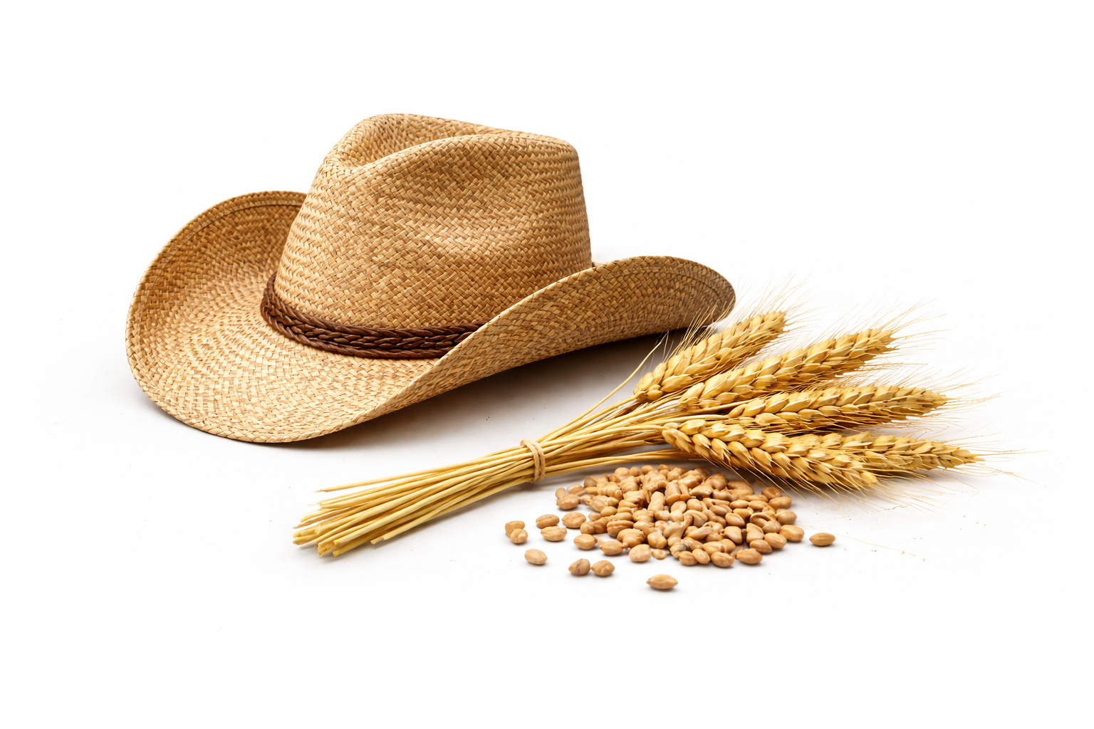 A straw cowboy hat, wheat stalks, and chickpeas on a white surface.
