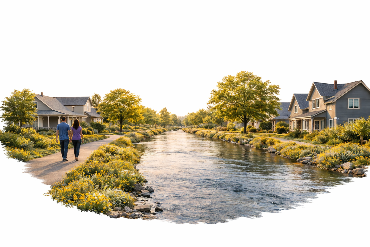 A couple walking along a paved path by a small river with yellow flowers and trees, lined with houses, during a sunny day.