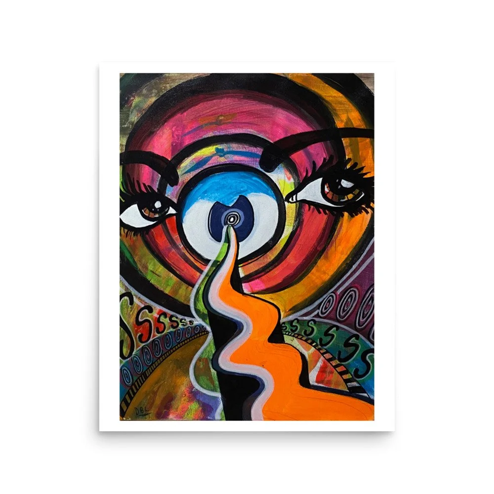 Abstract painting of a face with large eyes and colorful concentric circles in the background, with a swirling multicolored pathway in the center.