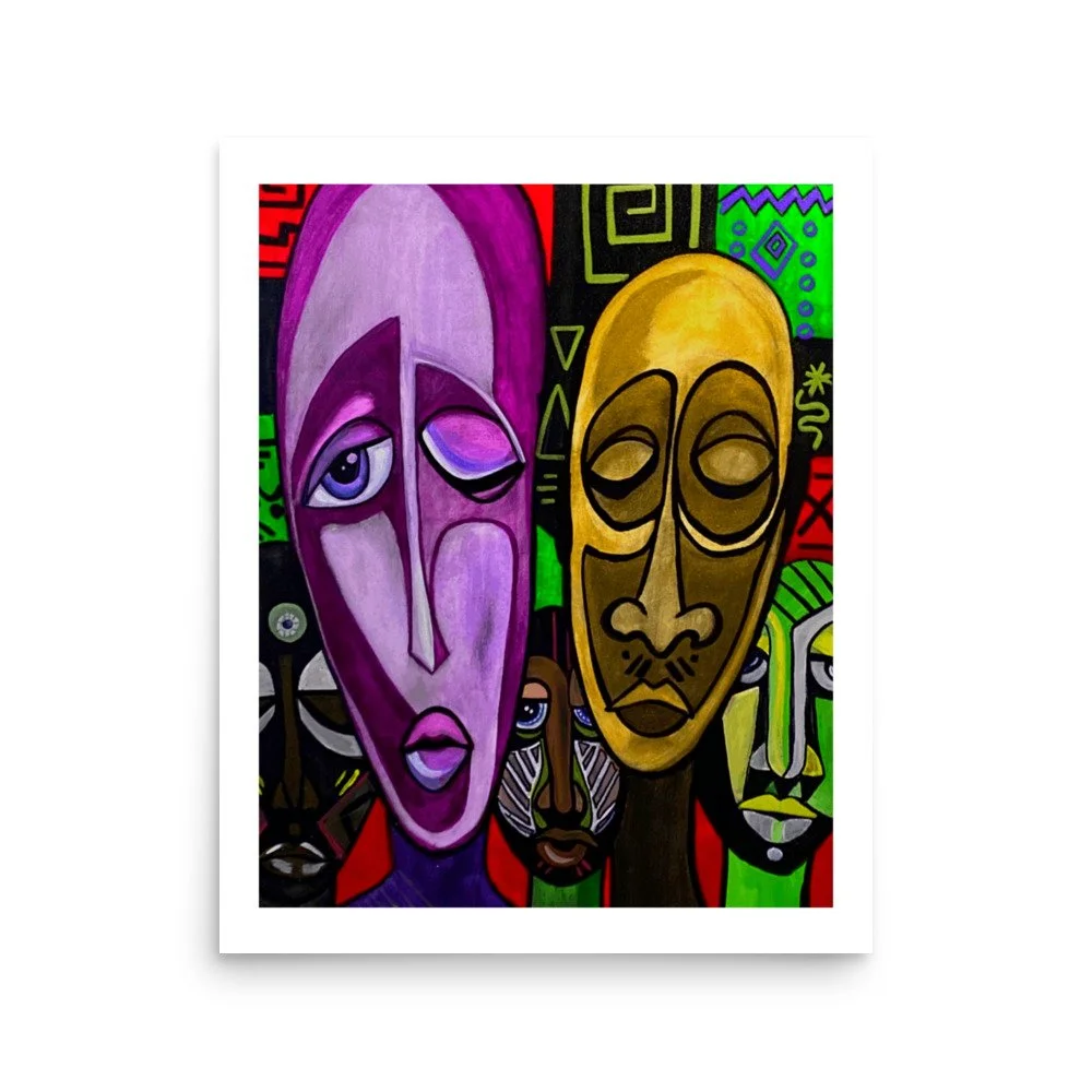 Colorful abstract painting of various stylized human faces with exaggerated features on a vibrant background.