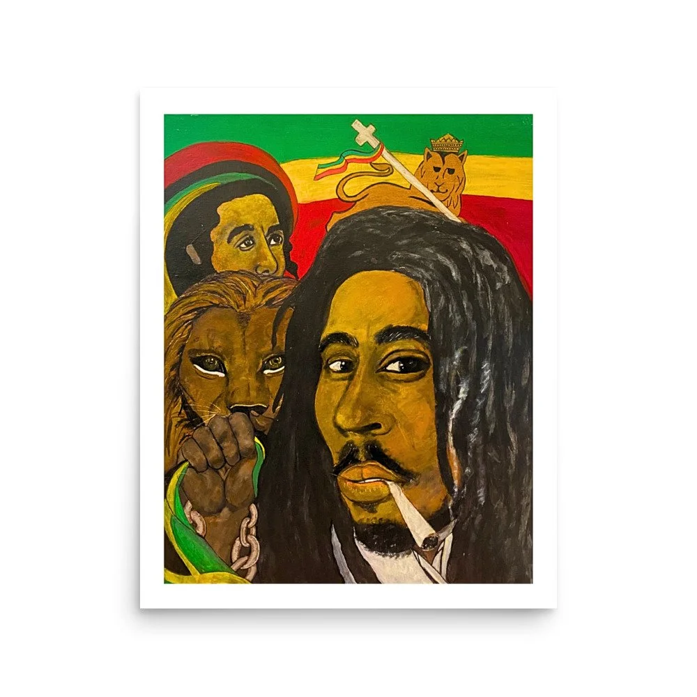 Painting of Bob Marley with a joint in his mouth, a lion with a crown, a woman with a headwrap, and the Rastafarian flag in the background.