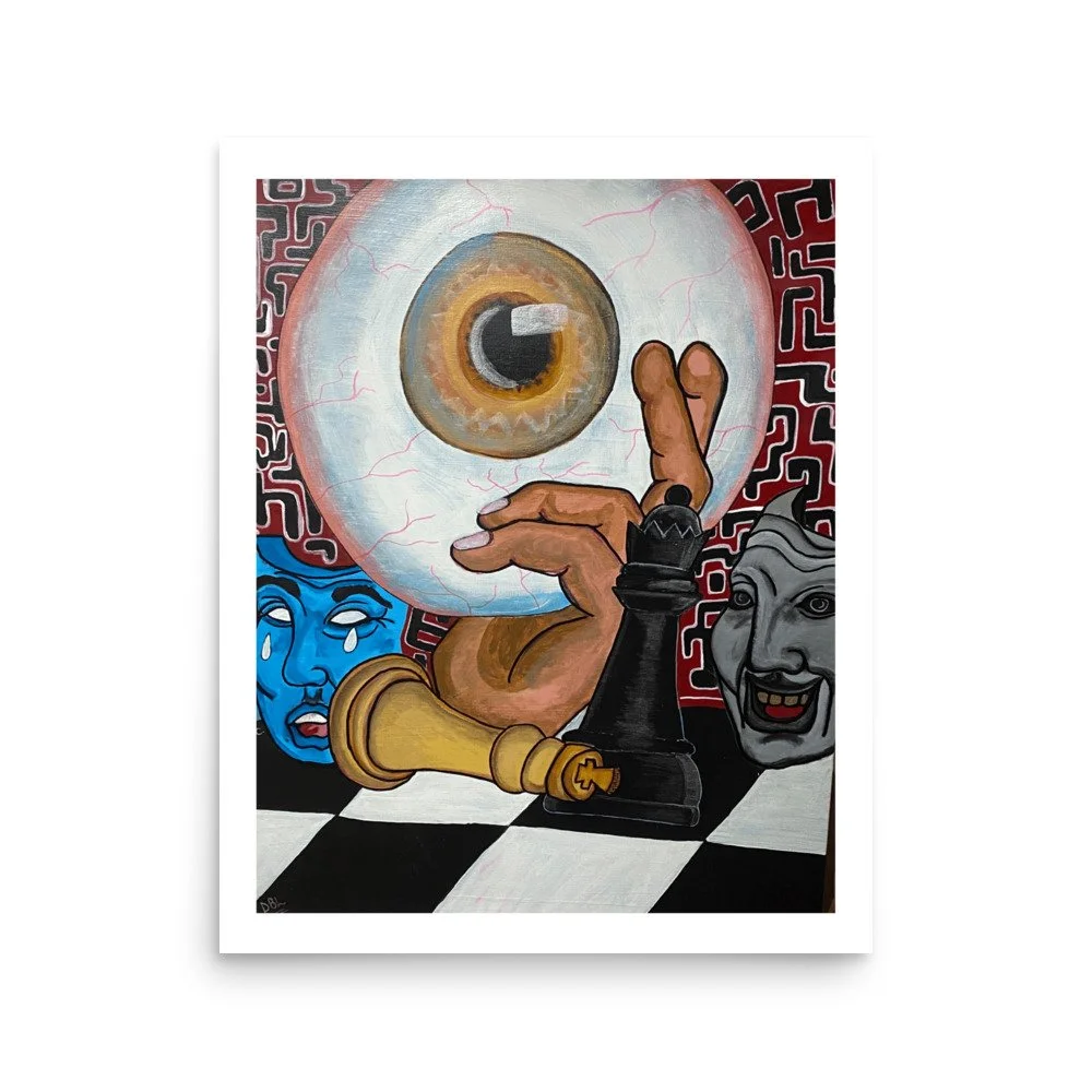 A surreal painting featuring a large eyeball with a human hand holding a chess piece, and two masks with exaggerated facial expressions on a checkered surface.