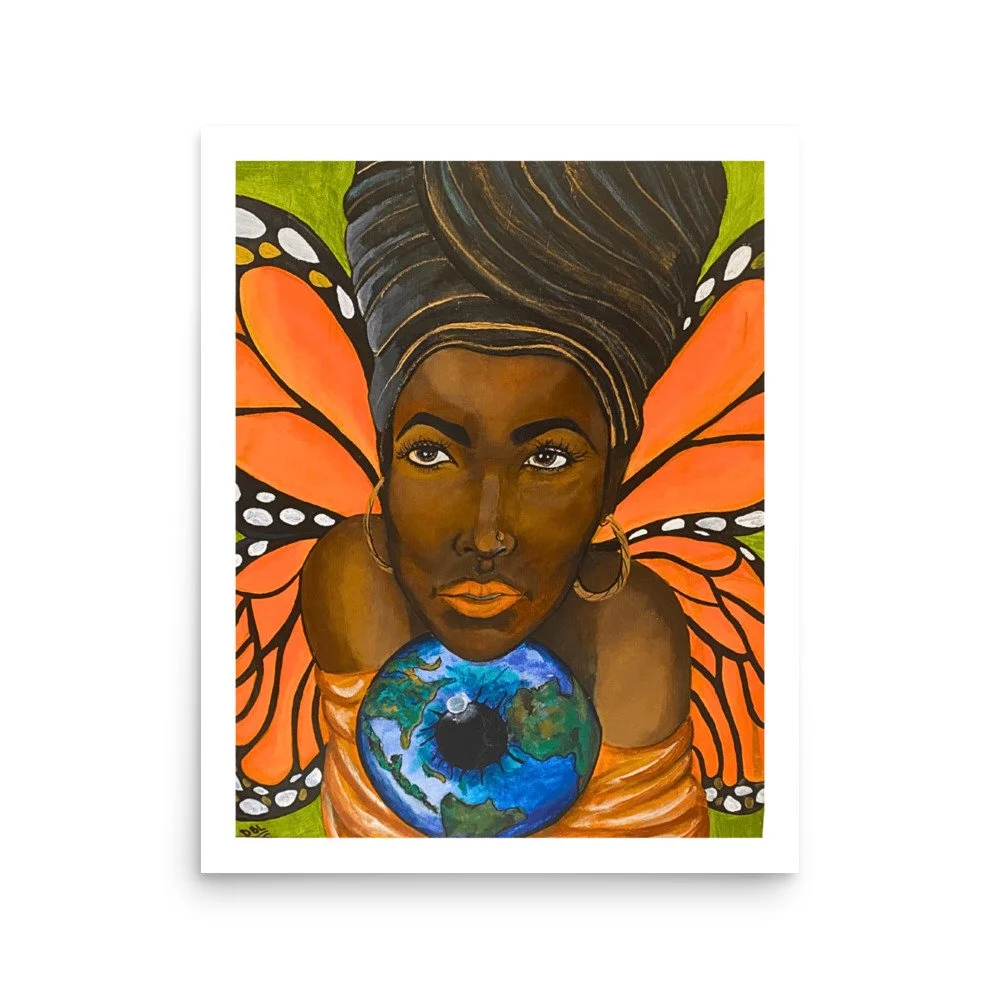 A painting of a woman with butterfly wings, holding a globe of Earth. The woman has dark skin, long flowing black hair, and wears large gold hoop earrings. The background is green.