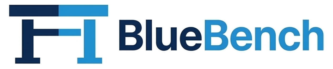 Logo of BlueBench with an abstract blue and dark blue bench icon next to the text 'BlueBench' in blue font.