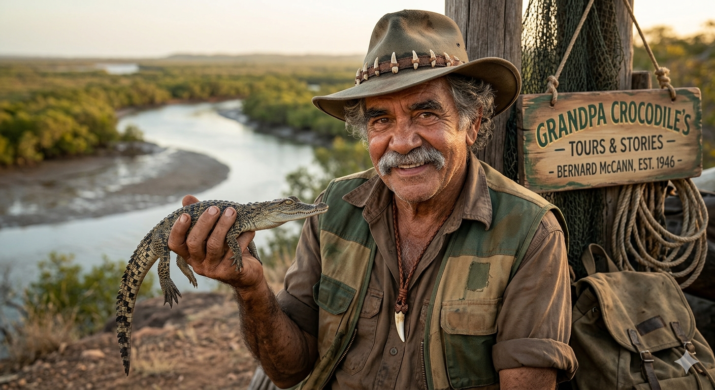 An elderly man with a gray mustache and a safari hat holding a baby alligator, smiling at the camera. The background features a river and lush greenery, with a sign reading 'Grandpa Crocodile's Tours & Stories - Bernard McCann, Est. 1946'.