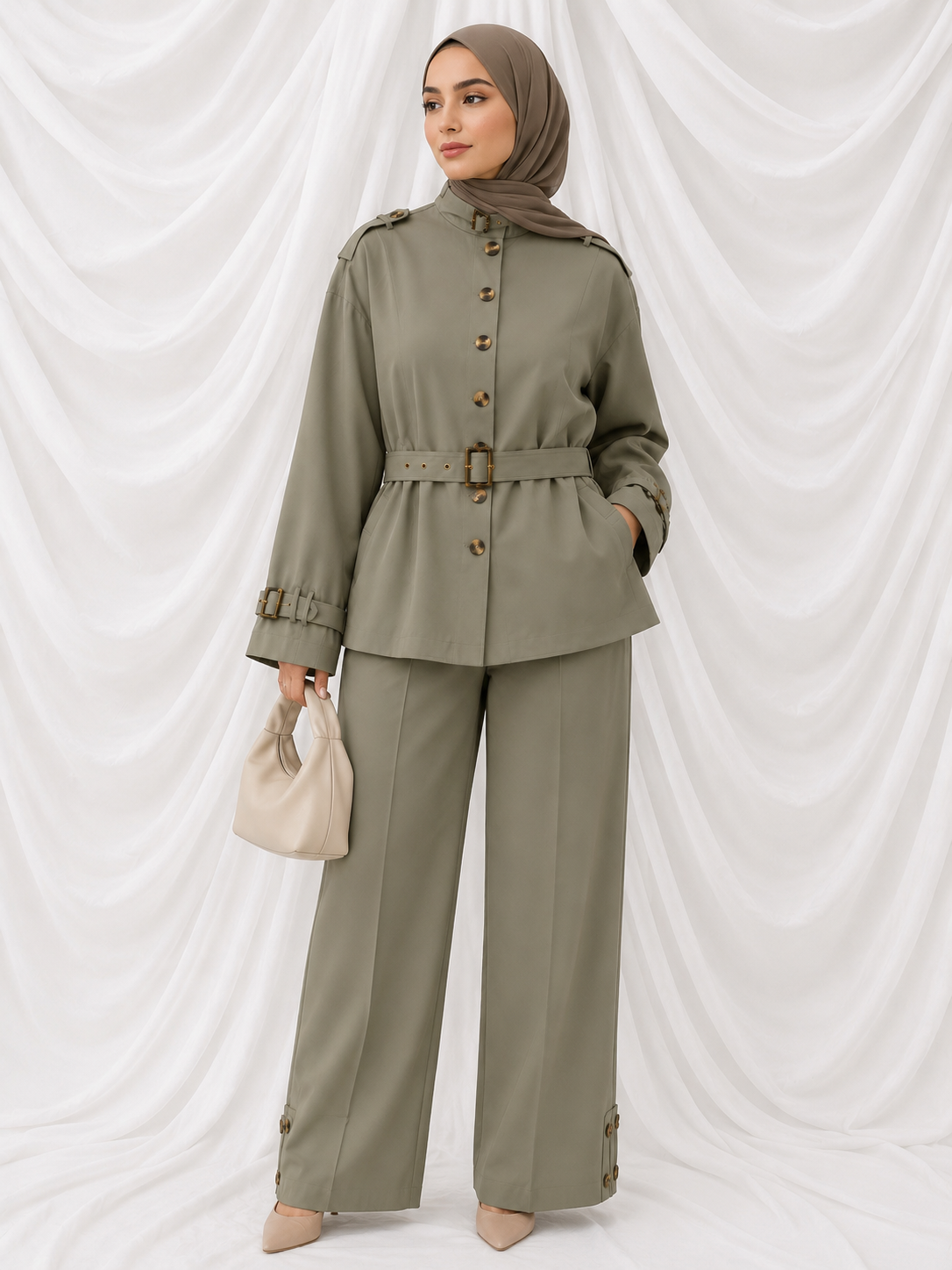 A woman wearing a khaki-colored belted suit with wide-leg trousers and a matching jacket, accessorized with a beige handbag and beige heels, standing against a white draped backdrop.