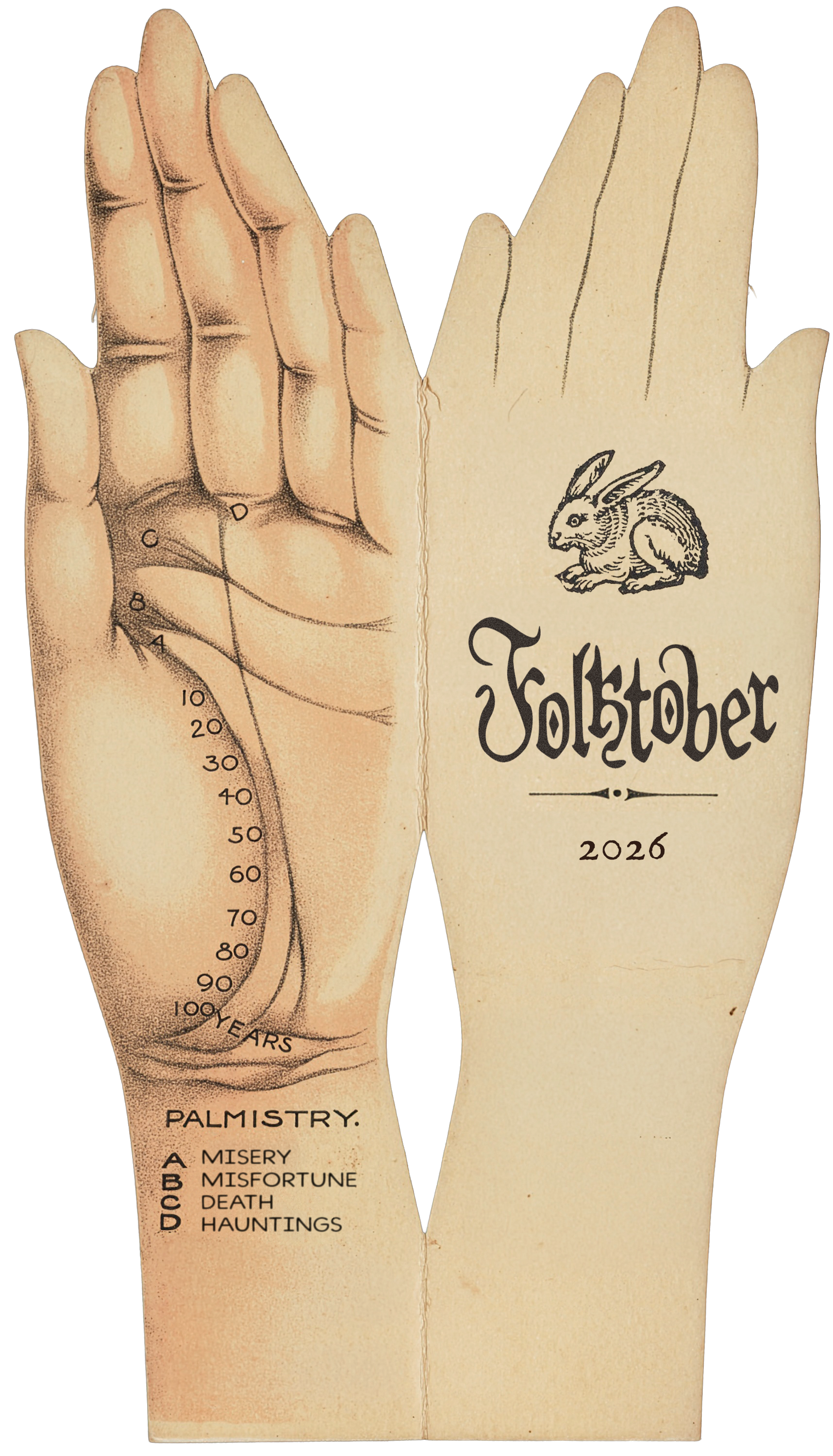 A vintage-style illustration of two hands. The left hand shows a list of age markers from 10 to 100 years. The right hand features the word "Folktober" with a rabbit illustration and the year "2026."